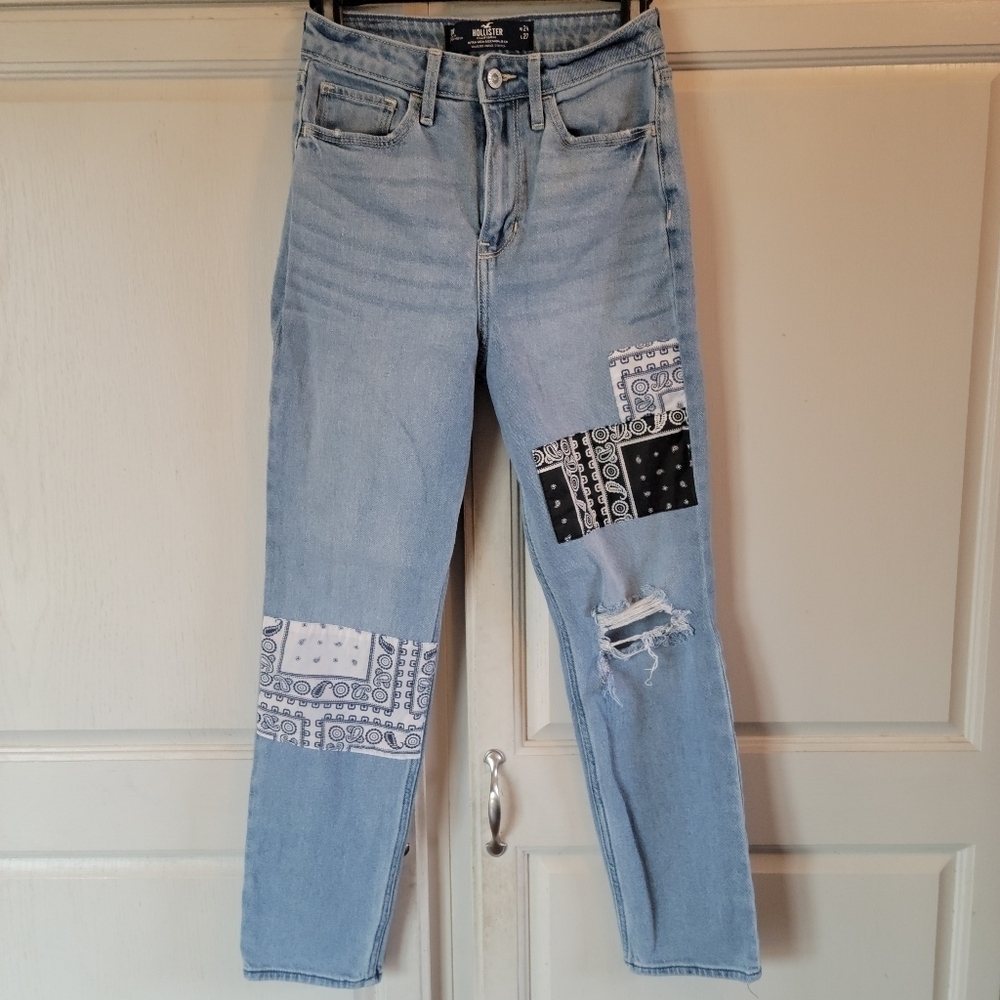 Hollister Ultra High Rise Mom Jean With Distressing and Bandana Patchwork
